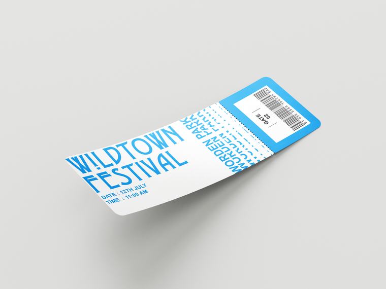 Wildtown: Identity for a local festival idea in Worden Park, Leyland: ticket, VIP pass and merch.